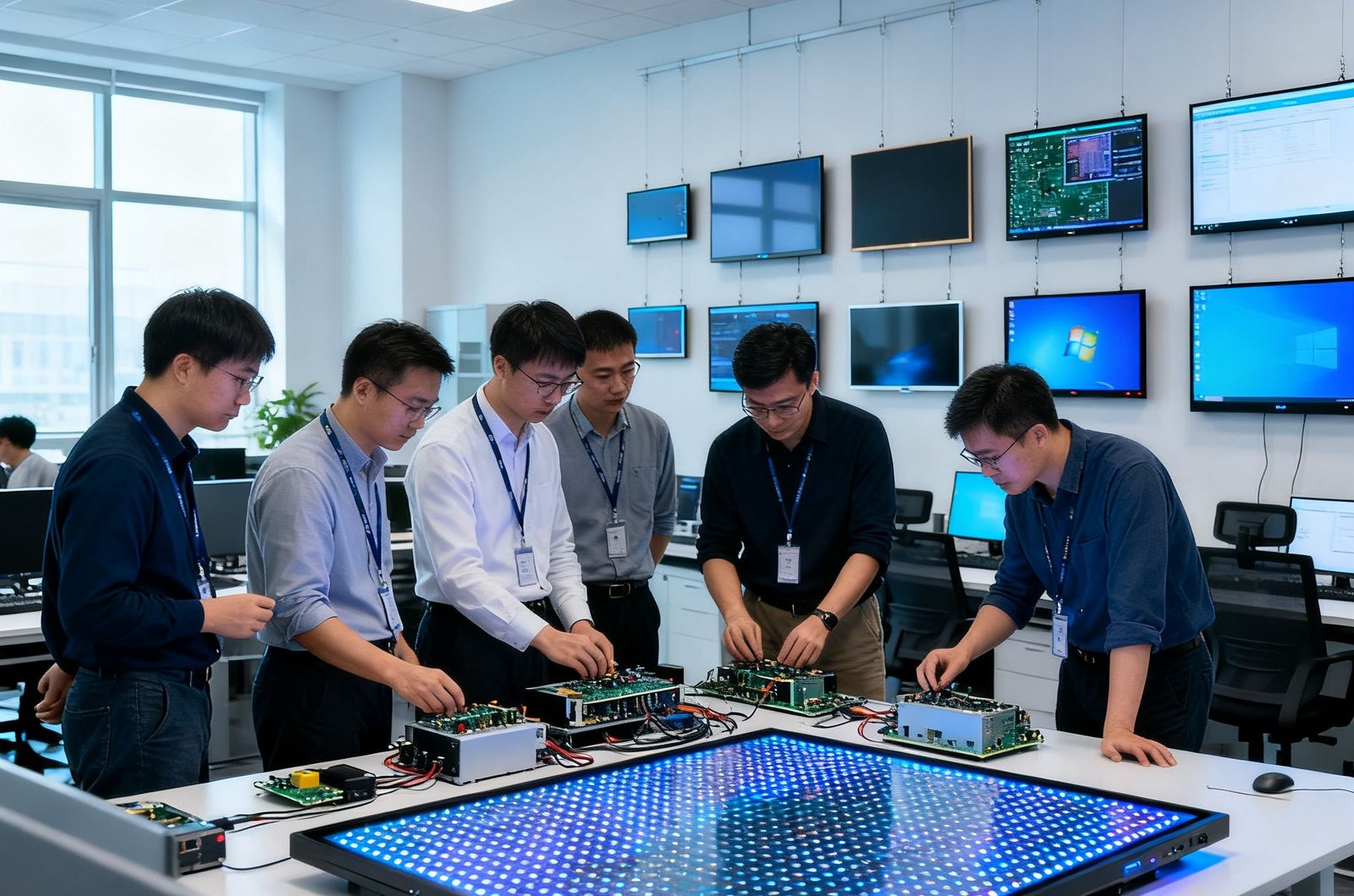 BG视讯深圳总部办公场景，开放式研发办公区内数十名工程师正在调试LED模组和会议平板样机，墙上悬挂多块不同规格的显示屏样屏