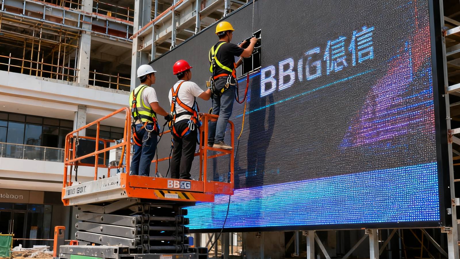 BG视讯工程团队在高空作业平台上安装大型LED显示屏，施工人员佩戴安全装备，现场整洁有序，背景是正在建设中的商业建筑