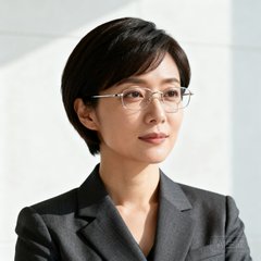 上海金融企业行政总监李女士的职场女性头像，干练的短发戴着细框眼镜